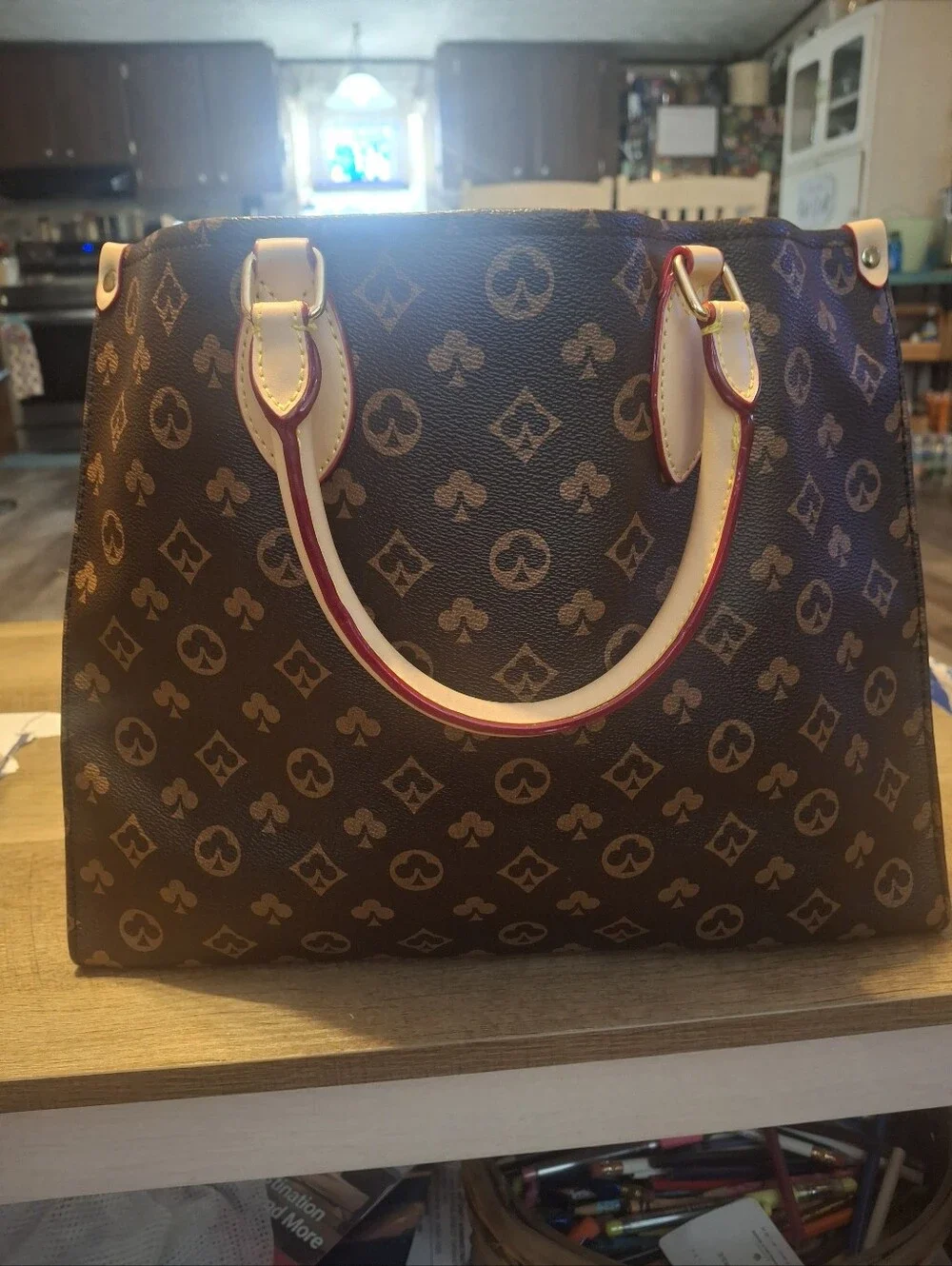 Classic Brown Monogram Tote Bag with Cream Handles